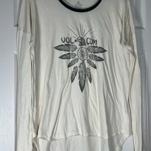 Volcom Cream and Black Crew Neck Long Sleeve Asymmetrical Top